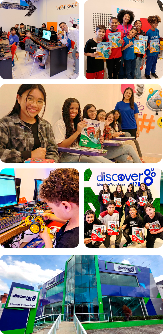 Estrutura e alunos da DiscoverON em sala de aula e laboratório de tecnologia